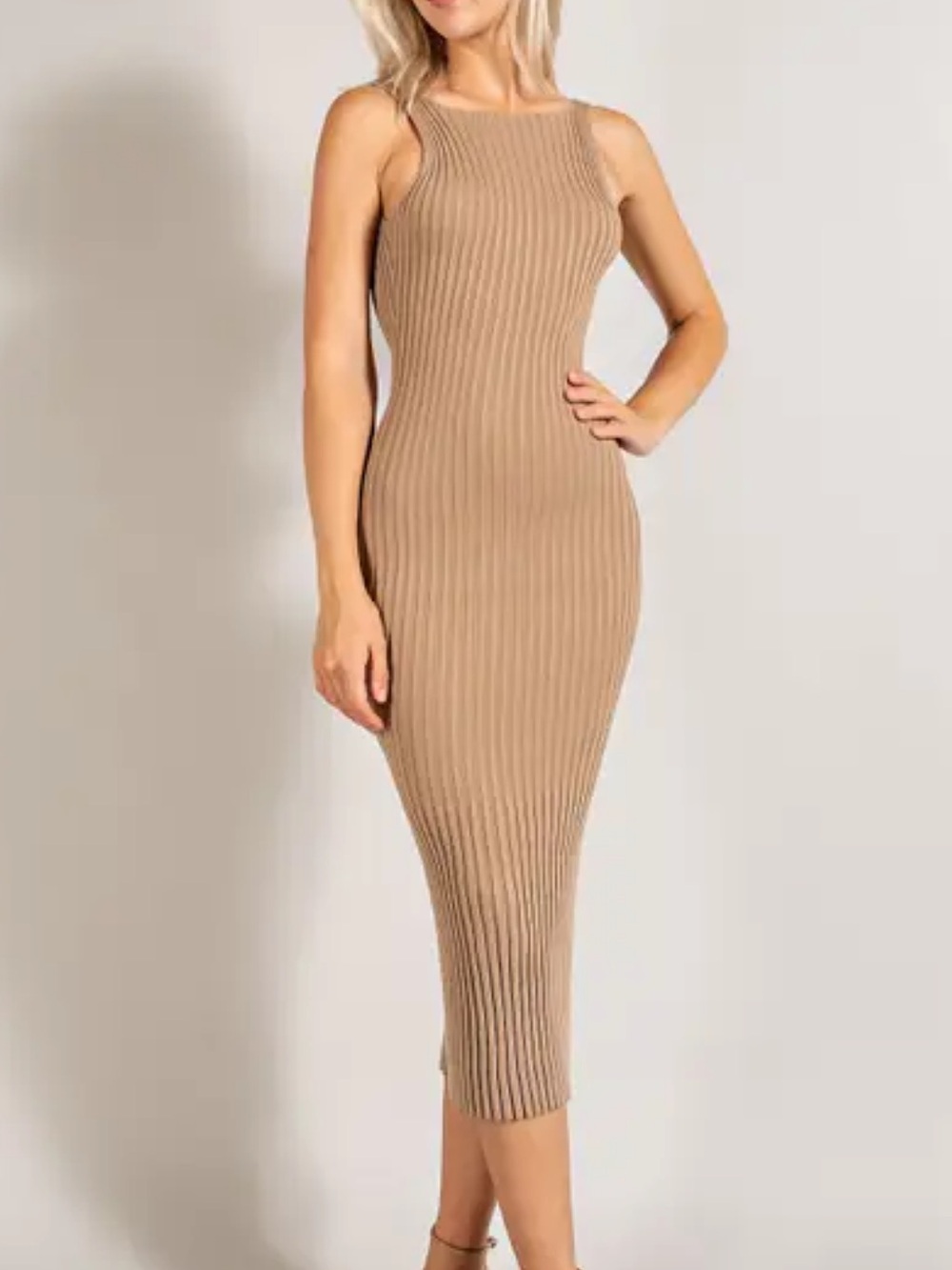 Edit by Nine Ribbed Knit Bodycon Midi Dress M Open Back